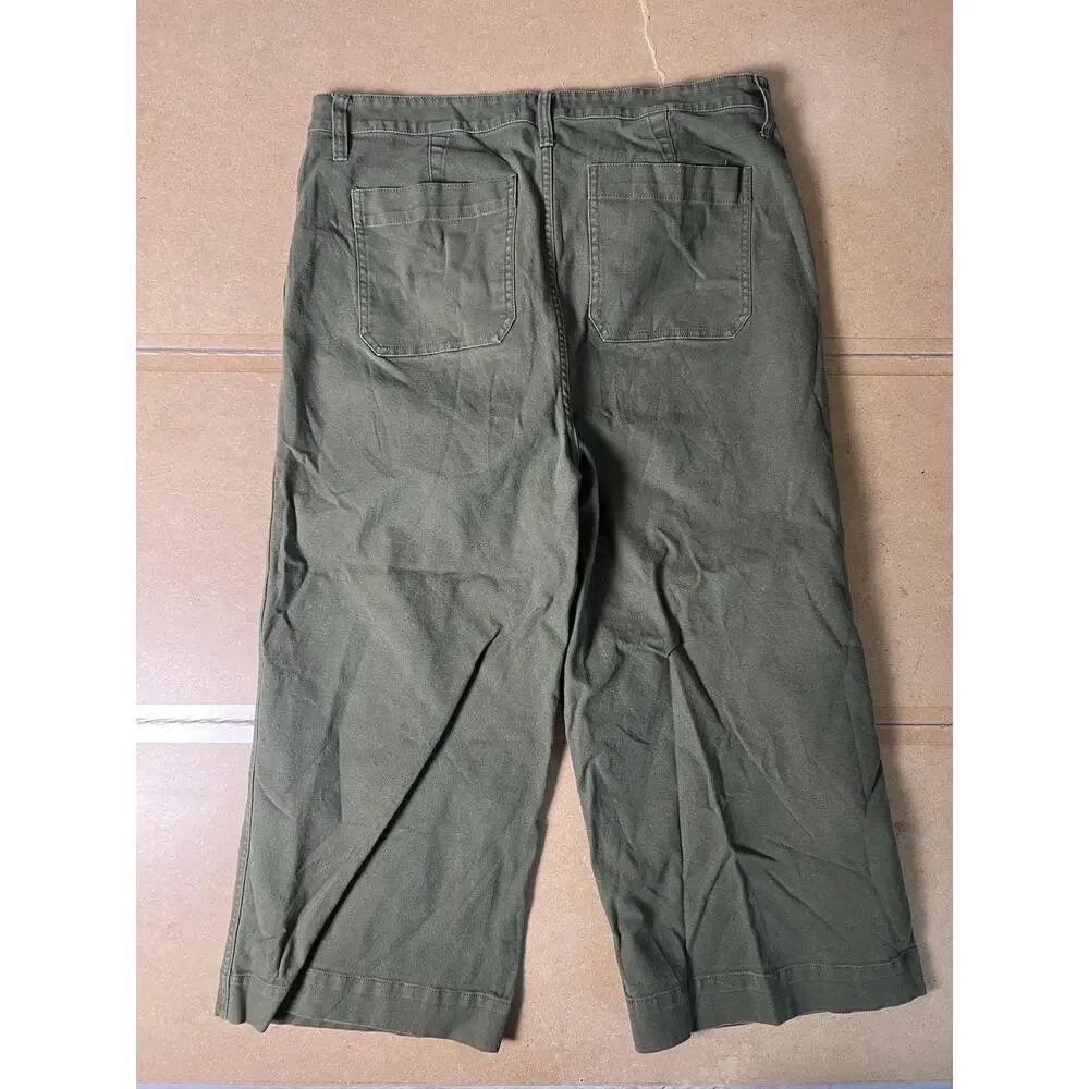 Madewell Pants Womens 33 Green Cropped Wide-Leg Twill Pockets Stretch Button-Fly